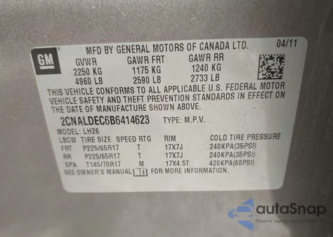 2011 Chevrolet Equinox Lt z USA, uszkodzony, nr VIN 2CNALDEC6B6414623